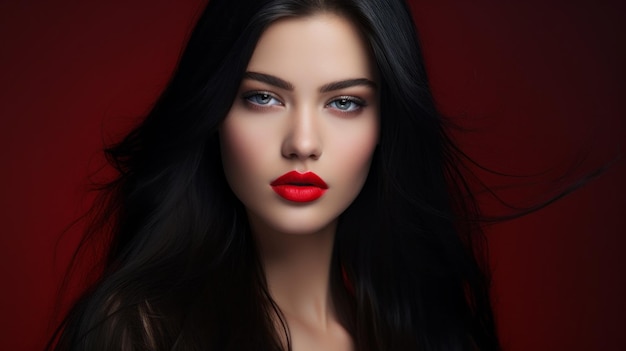 A woman with long black hair and red lipstick