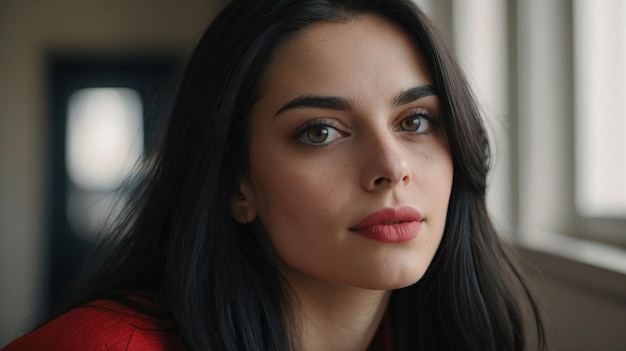 a woman with long black hair and a red shirt