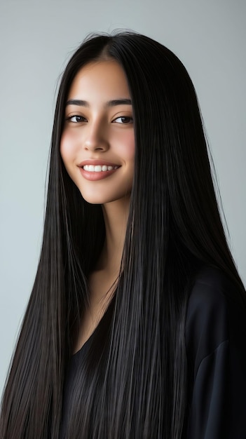 A woman with long black hair smiling at the camera