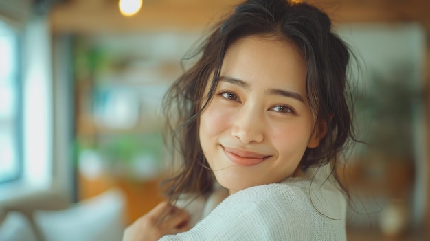 Woman With Long Black Hair Smiling While Looking Over Shoulder in Home