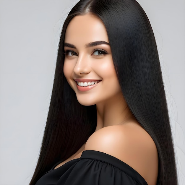 woman with long black hair smiling