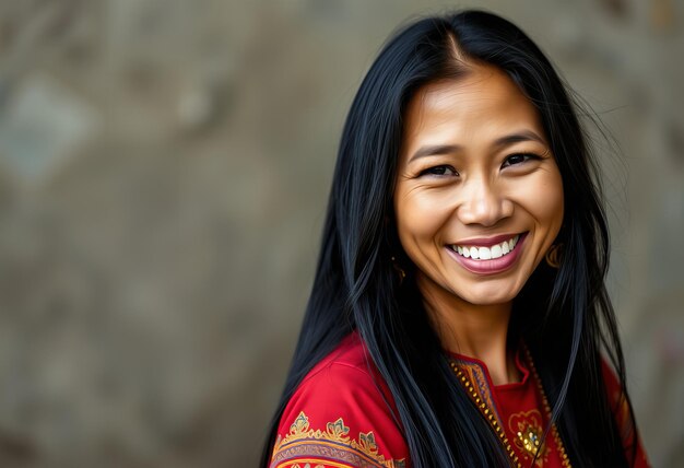 Photo a woman with long black hair smiling