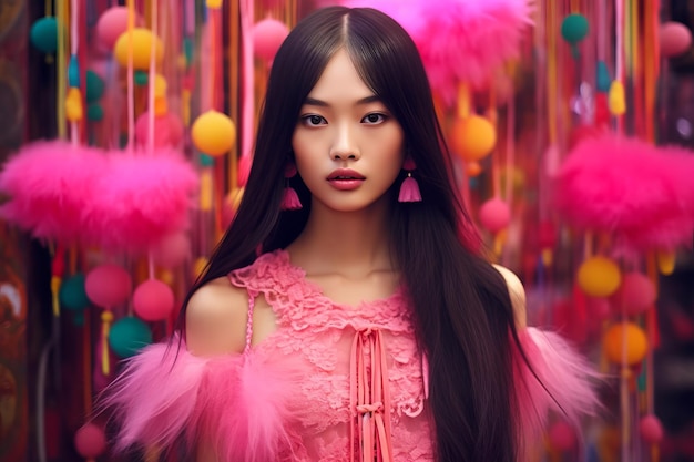 Woman with long black hair wearing pink dress with pink feathers on it Generative AI