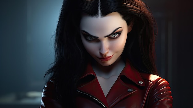 a woman with long black hair wearing a red leather jacket