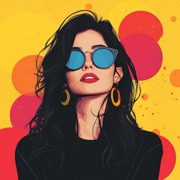 A woman with long black hair wearing sunglasses and large hoop earrings gazes upwards against a colorful background of yellow orange and red circles