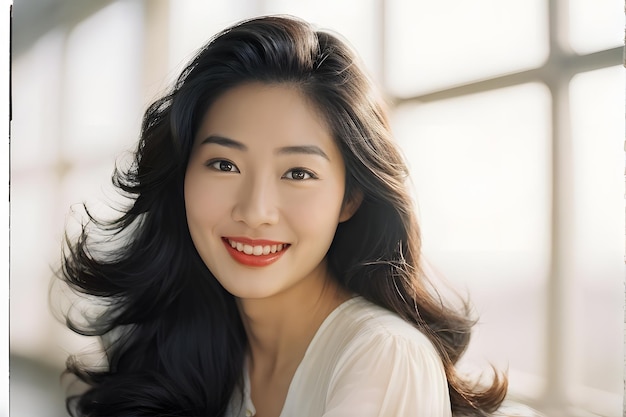 A woman with long black hair and a white shirt is smiling Concept of happiness and confidence