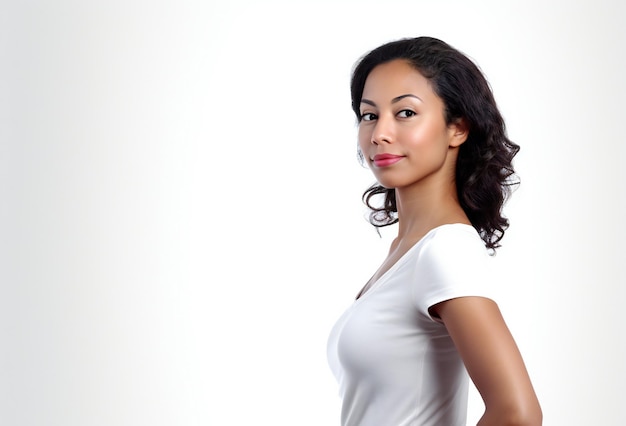 A woman with long black hair and a white shirt