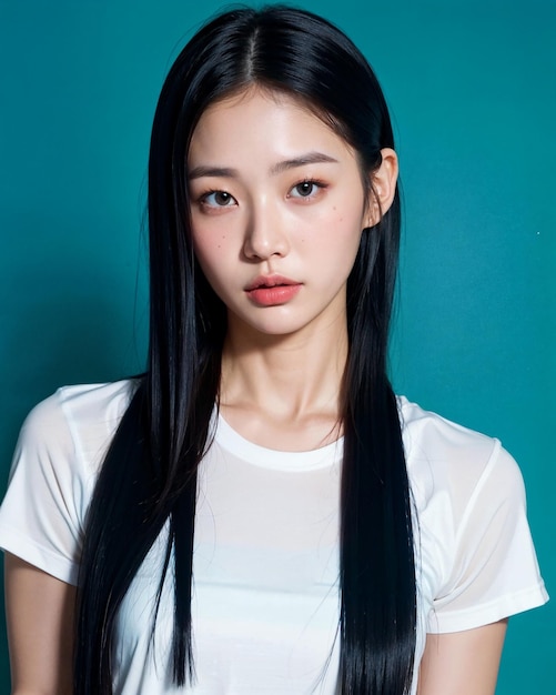 A woman with long black hair and a white top stands in front of a blue background.