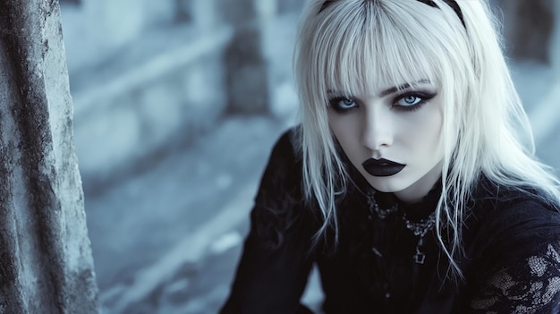 Photo a woman with long blonde hair and black lipstick