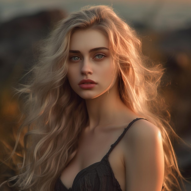 a woman with long blonde hair and a black top is standing in front of a sunset.