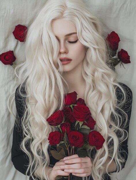 Photo a woman with long blonde hair and a bunch of roses