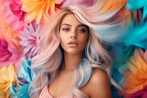 A woman with long blonde hair is laying on a colorful background with a rainbow colored hair.