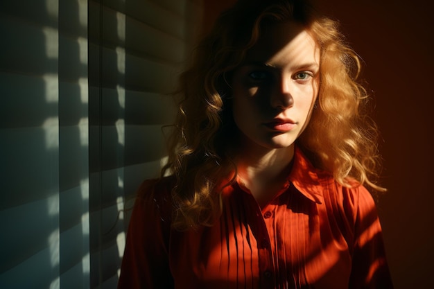 a woman with long blonde hair is looking at the camera