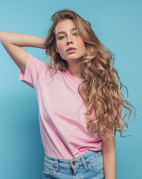 Photo a woman with long blonde hair is posing with her hair blowing in the wind