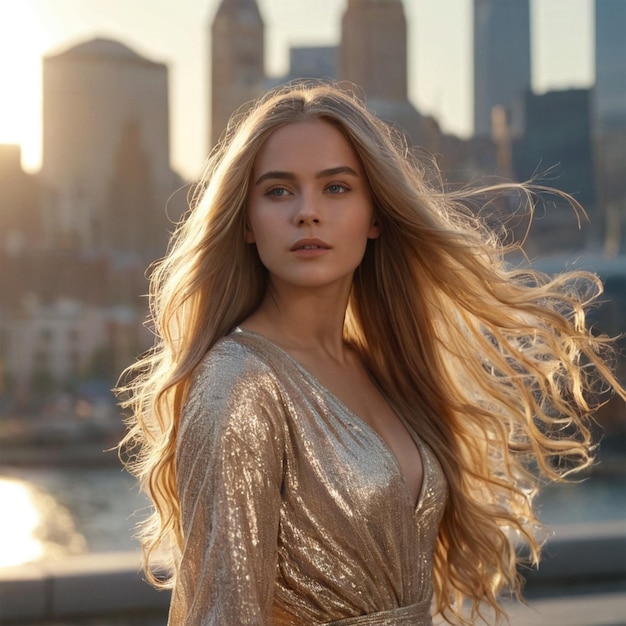 a woman with long blonde hair is standing in front of a city skyline