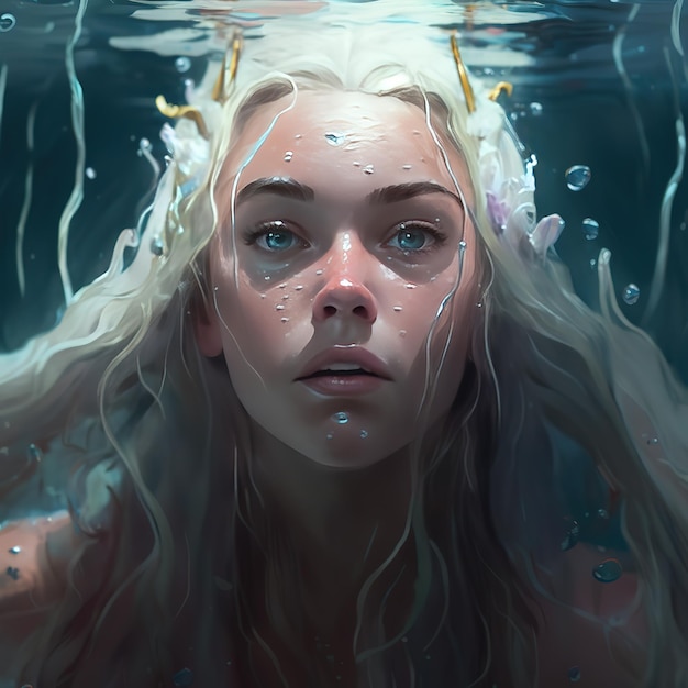 A woman with long blonde hair is underwater and has blue eyes