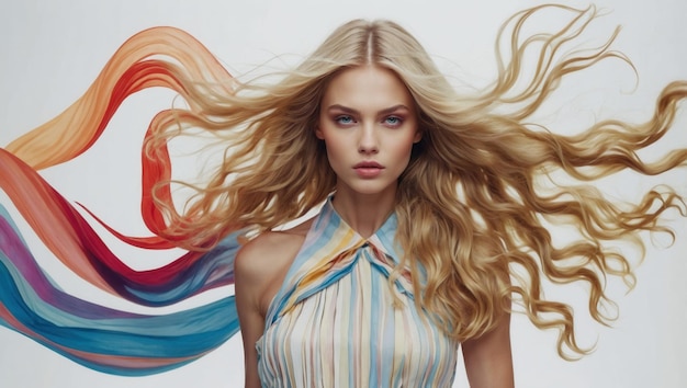 Photo a woman with long blonde hair is wearing a striped dress