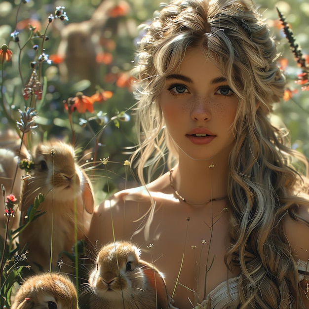 Photo a woman with long blonde hair and a long blonde hair with a baby monkey on her chest