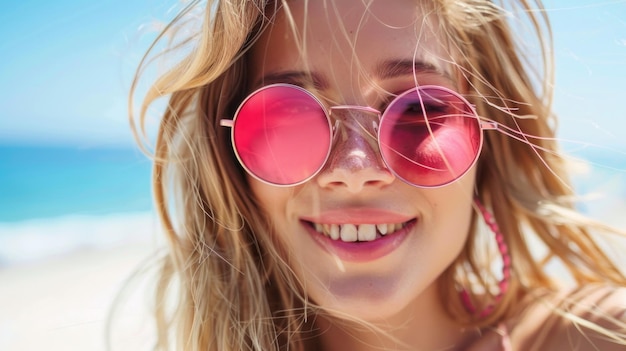 A woman with long blonde hair and pink sunglasses is smiling at the camera