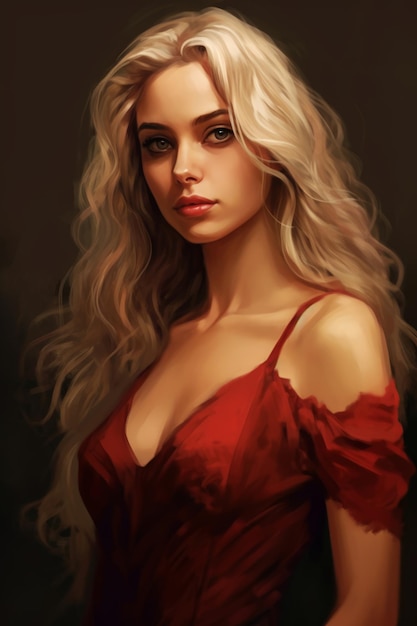 A woman with long blonde hair and a red dress