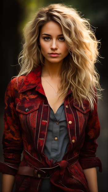 Woman with long blonde hair and red jacket on posing for picture Generative AI