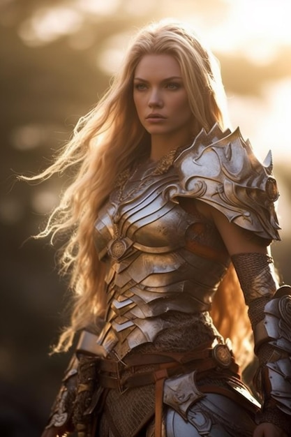 Photo a woman with long blonde hair and a silver and gold costume