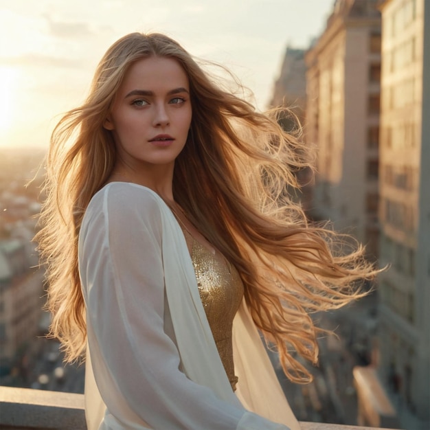 a woman with long blonde hair stands on a balcony