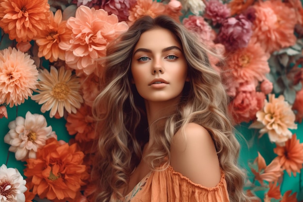 A woman with long blonde hair stands in front of a flower wall