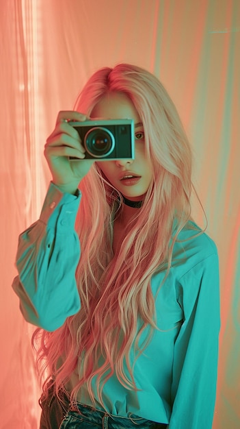 a woman with long blonde hair taking a photo with a camera