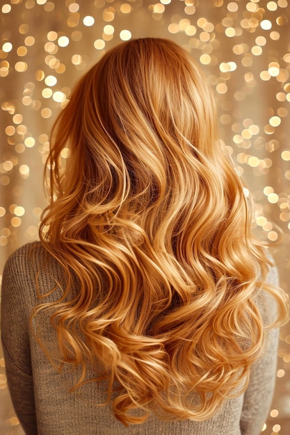 Woman with long blonde hair that is wavy and has gold background