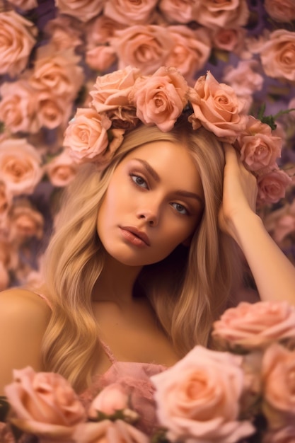 Woman with long blonde hair wearing pink dress surrounded by pink roses Generative AI