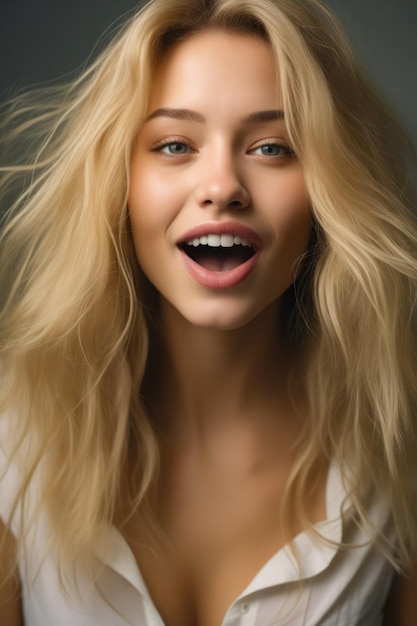 Woman with long blonde hair and white shirt Generative AI