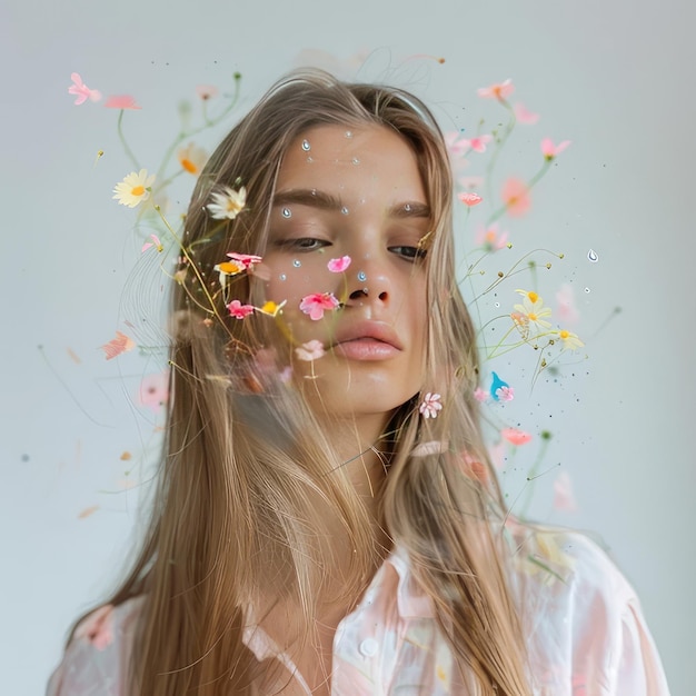 Photo a woman with long blonde hair and a white shirt with butterflies around her neck