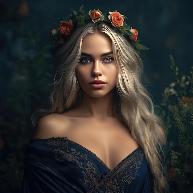 A woman with long blonde hair and a wreath of roses on her head