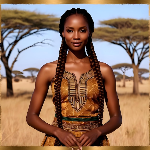 A woman with long braids stands in a field