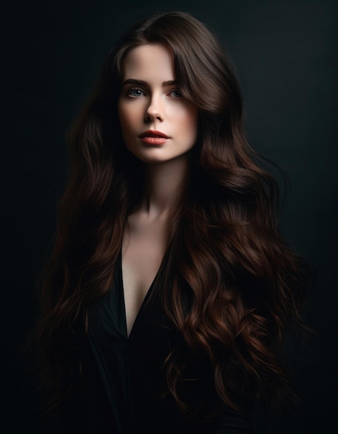 A woman with long brown hair and a black dress