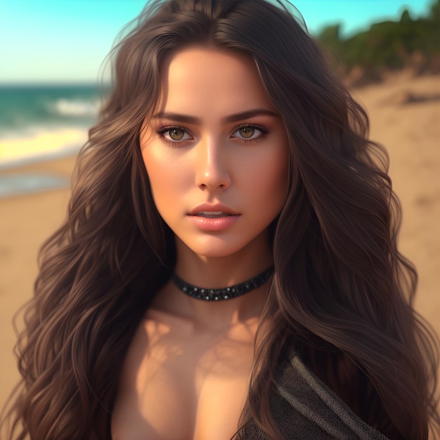 A woman with long brown hair and a black jacket on a beach.