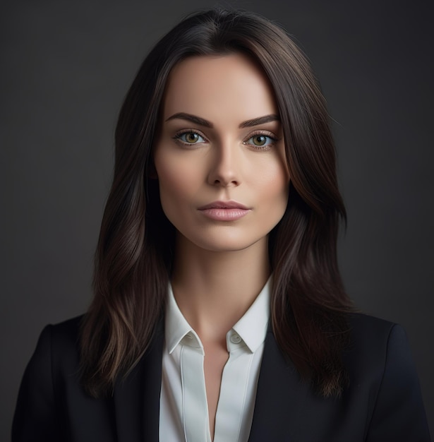 A woman with long brown hair and a black jacket is posing for a photo.