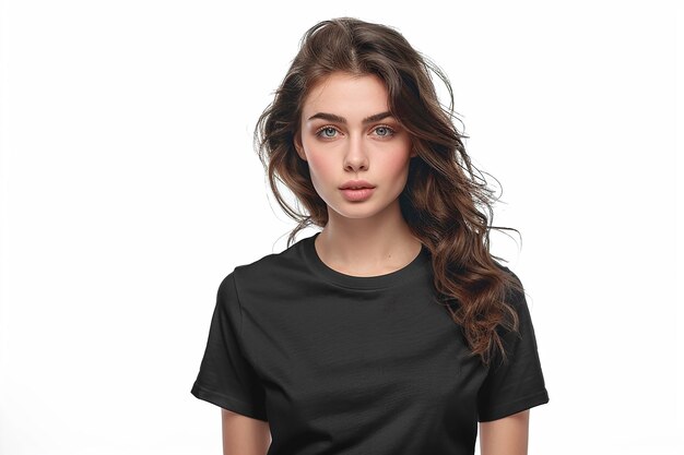 a woman with long brown hair and a black shirt with a black top that says  look