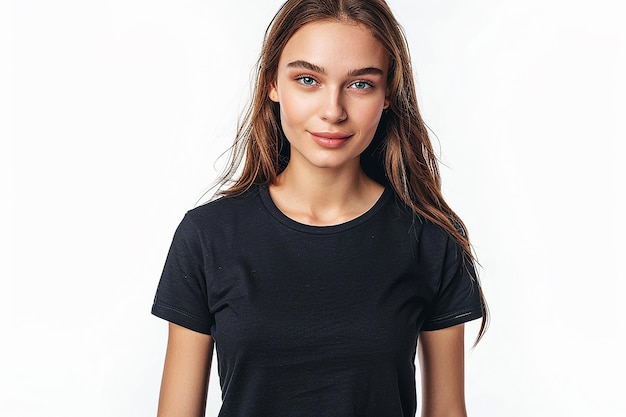 a woman with long brown hair and a black shirt