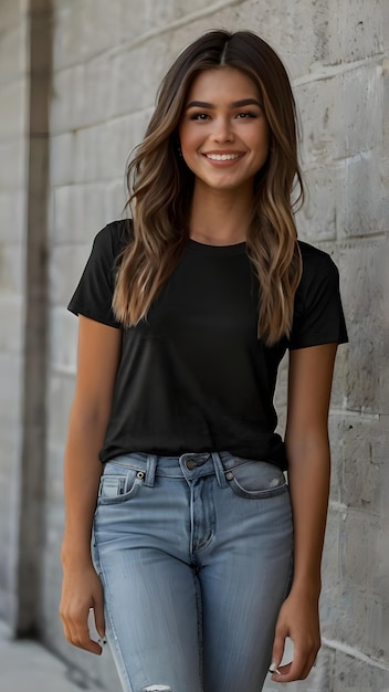 a woman with long brown hair and a black top is standing outside