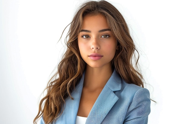 a woman with long brown hair and a blue blazer