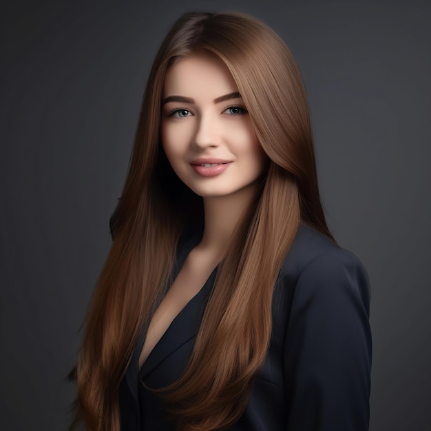 A woman with long brown hair and blue eyes is posing for a photo.