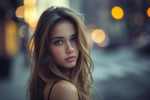 A woman with long brown hair and blue eyes stands in front of a city street