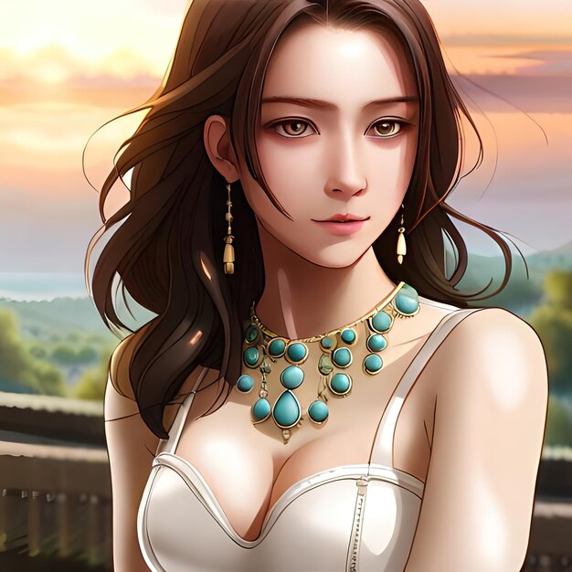 A woman with long brown hair and blue necklace stands in front of a sunset.