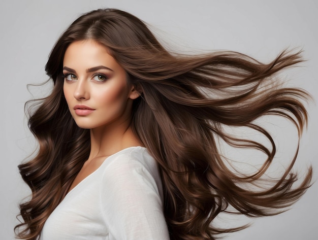 Photo woman with long brown hair flowing in the wind