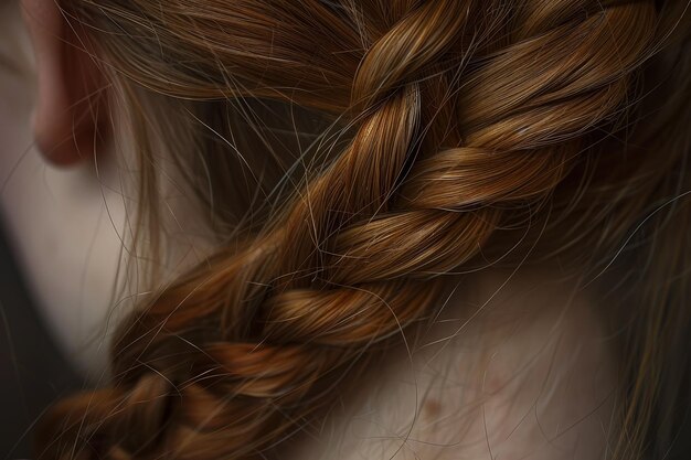 A woman with long brown hair has a braid in her hair