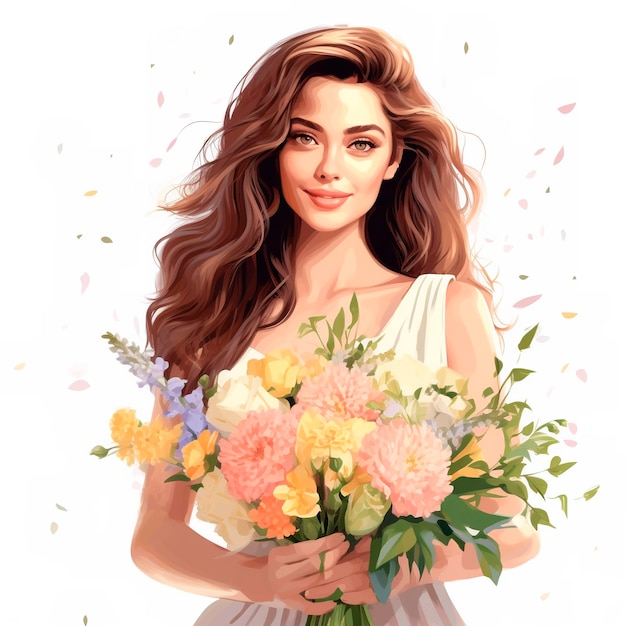 A woman with long brown hair holding a bouquet of flowers.