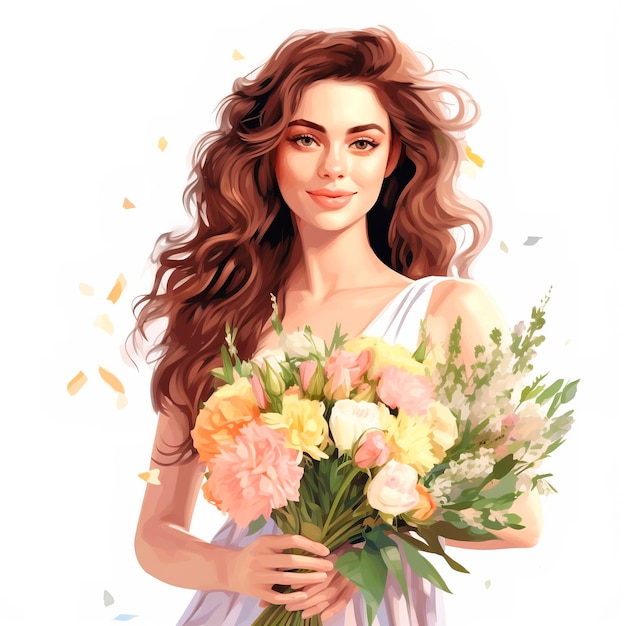 A woman with long brown hair holding a bouquet of flowers.