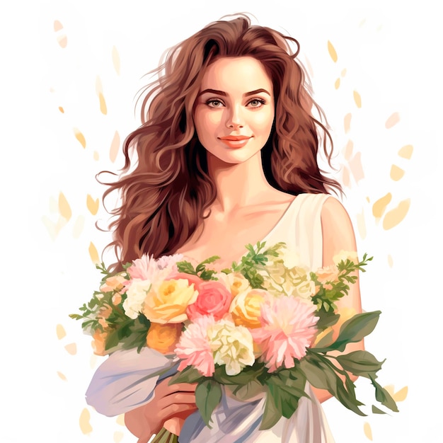 A woman with long brown hair holding a bouquet of flowers.